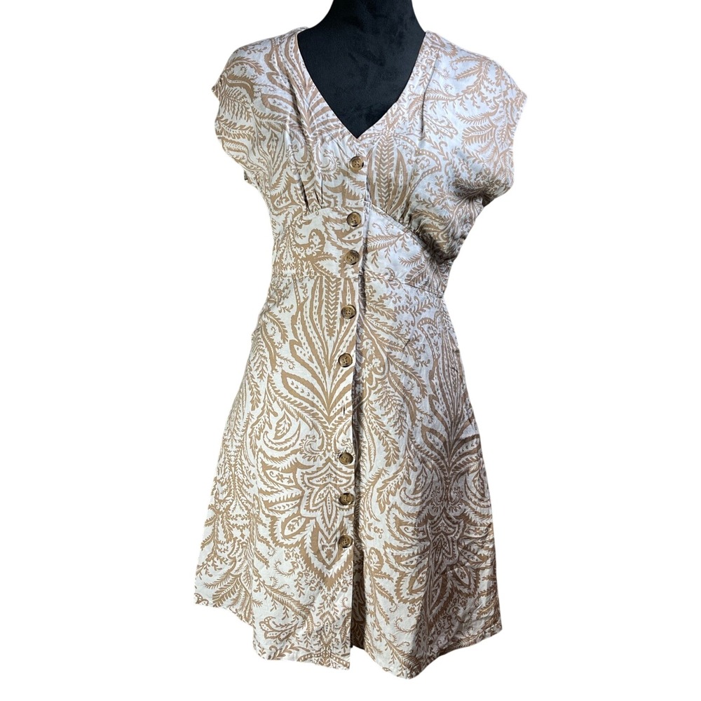 LOFT Cream and Tan Paisley Button-Front Dress